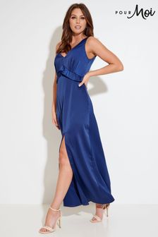 Pour Moi Blue Millie Satin Woven Plunge Maxi Dress (Q13222) | $81