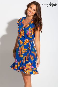 Pour Moi Blue & Yellow Floral Woven Wrap Beach Dress (Q13240) | $53
