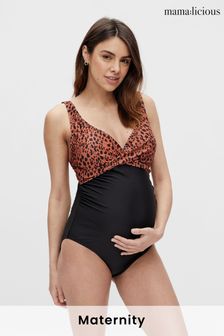 Mamalicious Black Maternity Leopard Print Wrap Swimsuit (Q13679) | ₪ 196