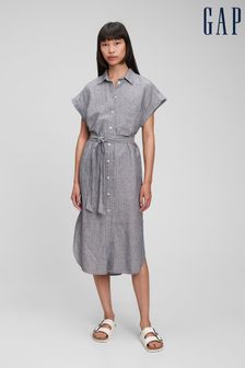 Gap Navy Blue Stripe Linen-Cotton Midi Shirt Dress (Q14620) | €63