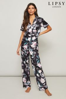 Zwart bloemenprint - Lipsy - Satijnen pyjamaset van broek en top met korte mouwen (Q15050) | €46