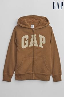 Gap Brown Logo Sherpa Lined Zip Up Kids Hoodie (4-13yrs) (Q15200) | kr454