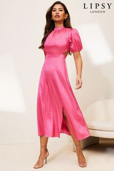 Lipsy Pink Cut Out Puff Sleeve Midi Dress (Q16083) | $85