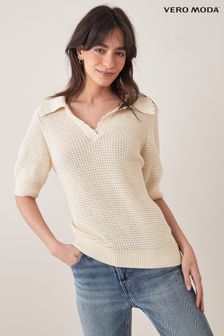 VERO MODA Cream Short Sleeve Knit Top (Q16376) | ₪ 112