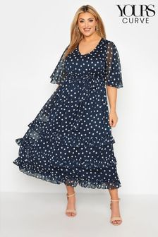 Yours Curve Navy Ruffle Hem Polkadot Dress (Q16430) | €38