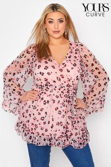Yours Curve Pink Animal Dobby Ruffle Wrap Blouse (Q16431) | €44