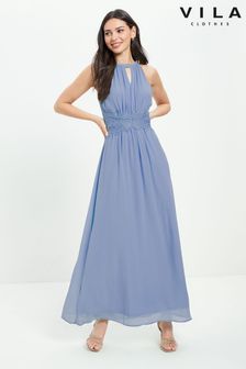 Niebieski - Tiulowa sukienka maxi Vila z dekoltem typu halter (Q16545) | 189 zł