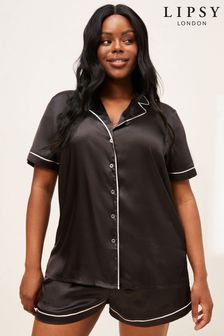 Lipsy Black Curve Satin Short Sleeve Shorts Pyjamas (Q17106) | 166 SAR