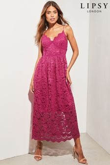 Lipsy Pink Strappy Lace V Neck Scallop Hem Midi Dress (Q17182) | 245 zł