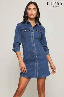 Lipsy Blue Petite Puff Sleeve Seamed Denim Dress (Q17488) | 70 €