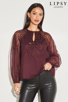 Lipsy Berry Red Long Sleeve Keyhole Sequin Detail Top (Q17514) | €47