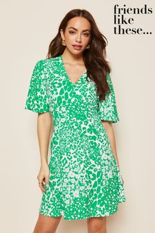 Friends Like These Green Print Flutter Sleeve V Neck Mini Dress (Q17750) | $53