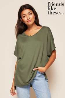 Friends Like These Khaki Green Short Sleeve V Neck Tunic Top (Q17828) | AED111