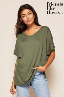 Friends Like These Khaki Green Short Sleeve V Neck Tunic Top (Q17828) | $34