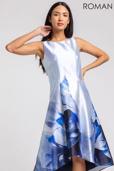 Roman Blue Floral Print Dipped Hem Midi Dress (Q18694) | €92