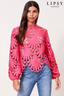 Lipsy Pink Cutwork Lace Long Sleeve Blouse (Q18695) | €25