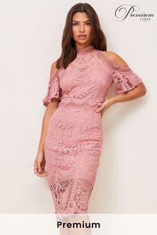 Lipsy Pink Premium Lace Cold Shoulder Midi Dress (Q18982) | INR 10,227