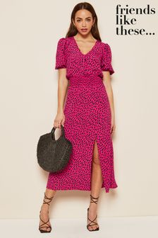 Friends Like These Pink Short Sleeve Ruched Waist Midi Dress (Q19581) | OMR19