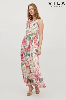 VILA Pink Halter Neck Floral Maxi Dress (Q19583) | $91