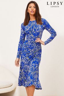 Lipsy Cobalt Blue Long Sleeve Ruched Midi Dress (Q19954) | ₪ 157