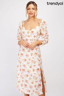 Trendyol White Floral Midi Dress with Puff Sleeve and Side Split (Q20166) | $73