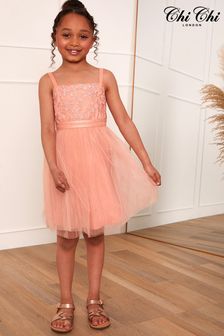 Chi Chi London Coral Pink Embroidered Lace Tulle Midi Dress - Girls (Q20187) | €38