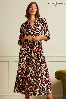 Love & Roses Natural Leopard Regular Jersey 3/4 Sleeve Pleated Midi Shirt Dress (Q20445) | ₪ 156