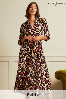 Love & Roses Natural Leopard Petite Jersey 3/4 Sleeve Pleated Midi Shirt Dress (Q20446) | ₪ 156