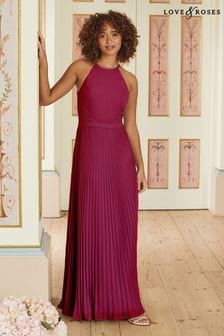 Love & Roses Burgundy Red Pleated Lace Insert Bridesmaid Maxi Dress (Q20451) | $127