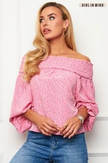 Girl In Mind Pink Shirred Bardot Blouse (Q20497) | €17