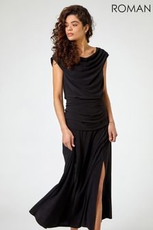 Roman Black Cowl Neck Ruched Maxi Dress (Q20531) | ₪ 186