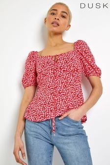 Dusk Red Ditsy Floral Tie Neck Peplum Top (Q20584) | ₪ 149
