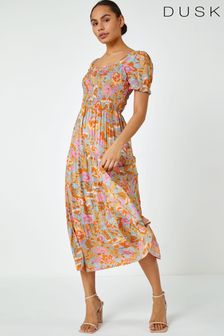 Dusk Orange Retro Floral Print Tiered Maxi Dress (Q20593) | 60 €