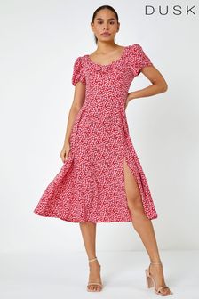 Dusk Red Ditsy Floral Bow Detail Midi Dress (Q20594) | 150 zł