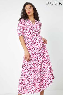 Sukienka midi Dusk z drobnym kwiatowym nadrukiem i wiązaniem przy szyi (Q20597) | 158 zł