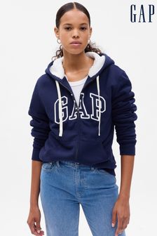 Blau - Gap Sherpa-gefüttertes Kapuzensweatshirt mit langen Ärmeln und Reißverschluss und Logo (Q20720) | 94 €