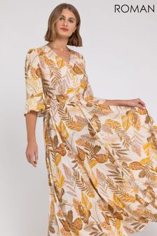 Roman Cream Leaf Print Frill Detail Maxi Dress (Q20736) | 60 €