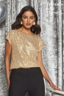 Gold - Friends Like These Short Sleeve Sequin T-shirt (Q21283) | kr710