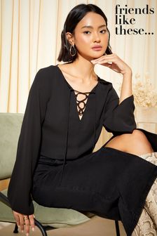 Friends Like These Black Long Flute Sleeve Lace Up Slim Fit Blouse (Q21287) | 2,003 UAH