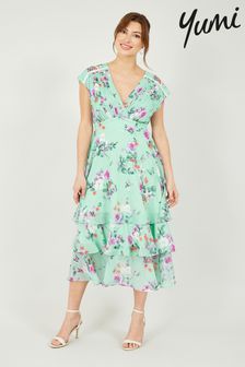Yumi Green Floral Tier Midi Dress (Q21376) | 165 zł