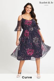 Scarlett & Jo Navy Pink Floral Gina Cold Shoulder Dress (Q21428) | €82