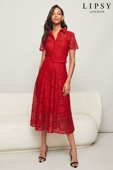 Lipsy Red Lace Midi Shirt Dress (Q21594) | DKK652