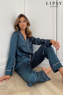 Blau - Lipsy Langärmeliger Pyjama aus Satin (Q22113) | CHF 59
