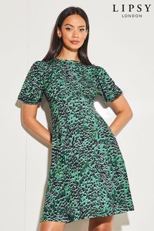 Lipsy Green Animal Jersey Underbust Puff Sleeve Mini Dress (Q22226) | kr556