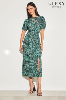 Lipsy Green Animal Jersey Short Sleeve Keyhole Ruched Midi Dress (Q22228) | 35 €