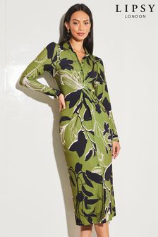 Зеленый с цветочным узором - Трикотажное платье-рубашка с длинными рукавами и декоративным узлом Lipsy (Q22229) | 33 520 тг