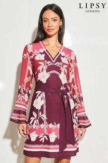Lipsy Pink Printed Long Sleeve V Neck Belted Shift Dress (Q22232) | $84