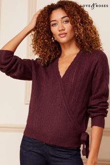 Love & Roses Berry Red Pointelle Scallop Knitted Wrap Jumper (Q22242) | €31
