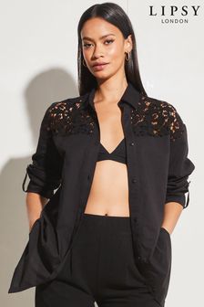 Lipsy Black Broderie Trim Beach Shirt (Q22258) | AED163