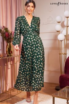 Love & Roses Green Star Metallic V Neck Ruffle Long Sleeve Midi Summer Dress (Q22285) | 101 €